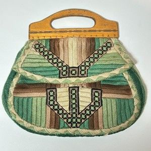 Antique Hand Made Bargello Wood Handle Purse Green, Brown, Tan
